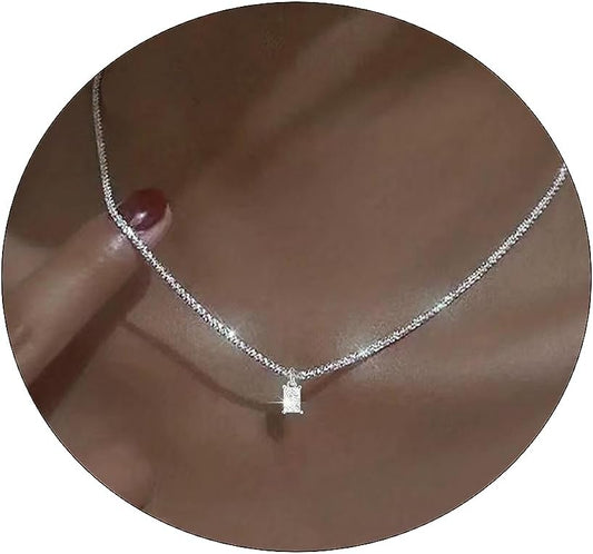 ASCOMY Dainty CZ Diamond Solitaire Pendant Necklaces for Women 14K Gold Plated Single Round Cubic Zirconia Square Simulated Diamond Choker Necklace Bride Bridesmaid Weeding Jewelry Gifts