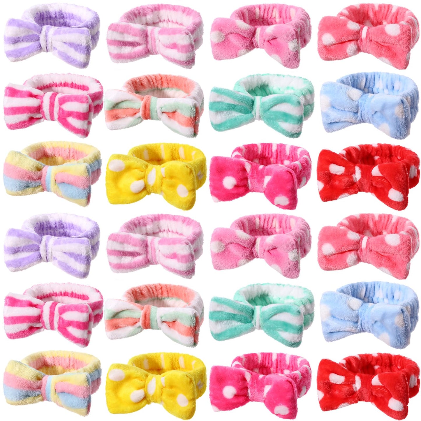 WILLBOND Spa Headband Bow Hairband Facial Makeup Women Face Wash Adjustable Skincare Headbands Flannel Towel Soft Head Wraps for Women Shower Washing Face (Stylish,24 Pieces)